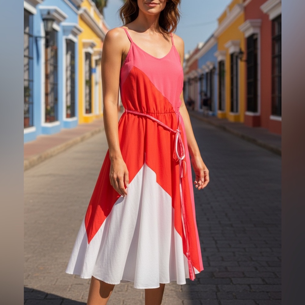 J.B.S. Coral, Pink & White Colorblock Spaghetti-Strap Maxi Dress